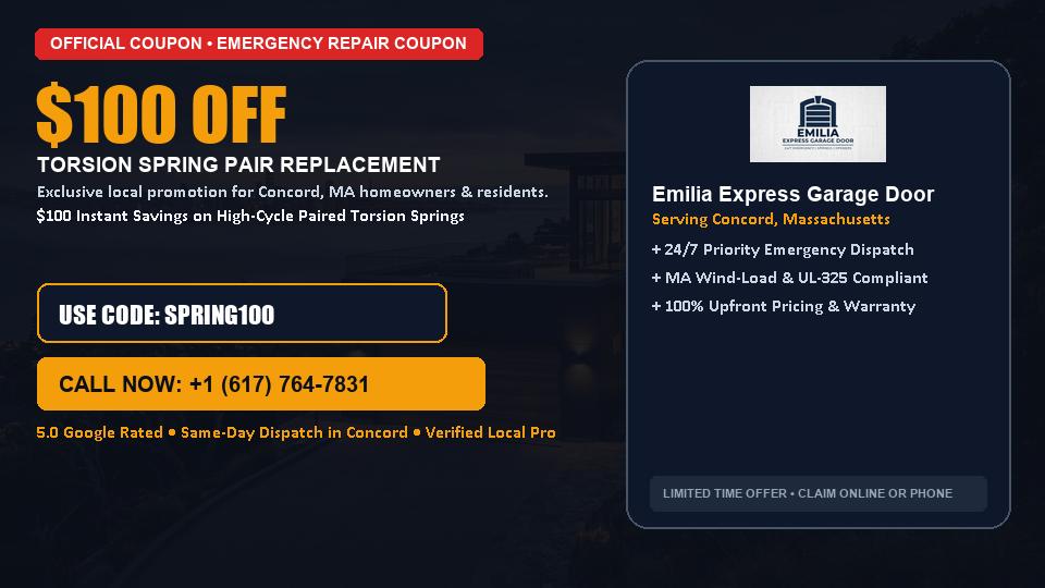 Emilia Express Garage Door $100 OFF Dual Torsion Spring Replacement in Concord, MA