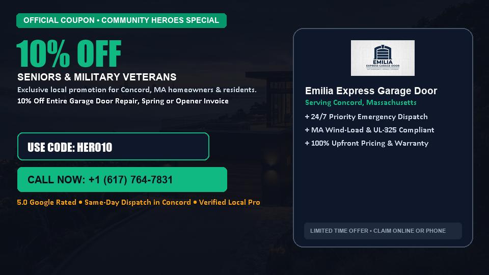 Emilia Express Garage Door 10% OFF Seniors & Military Veterans in Concord, MA